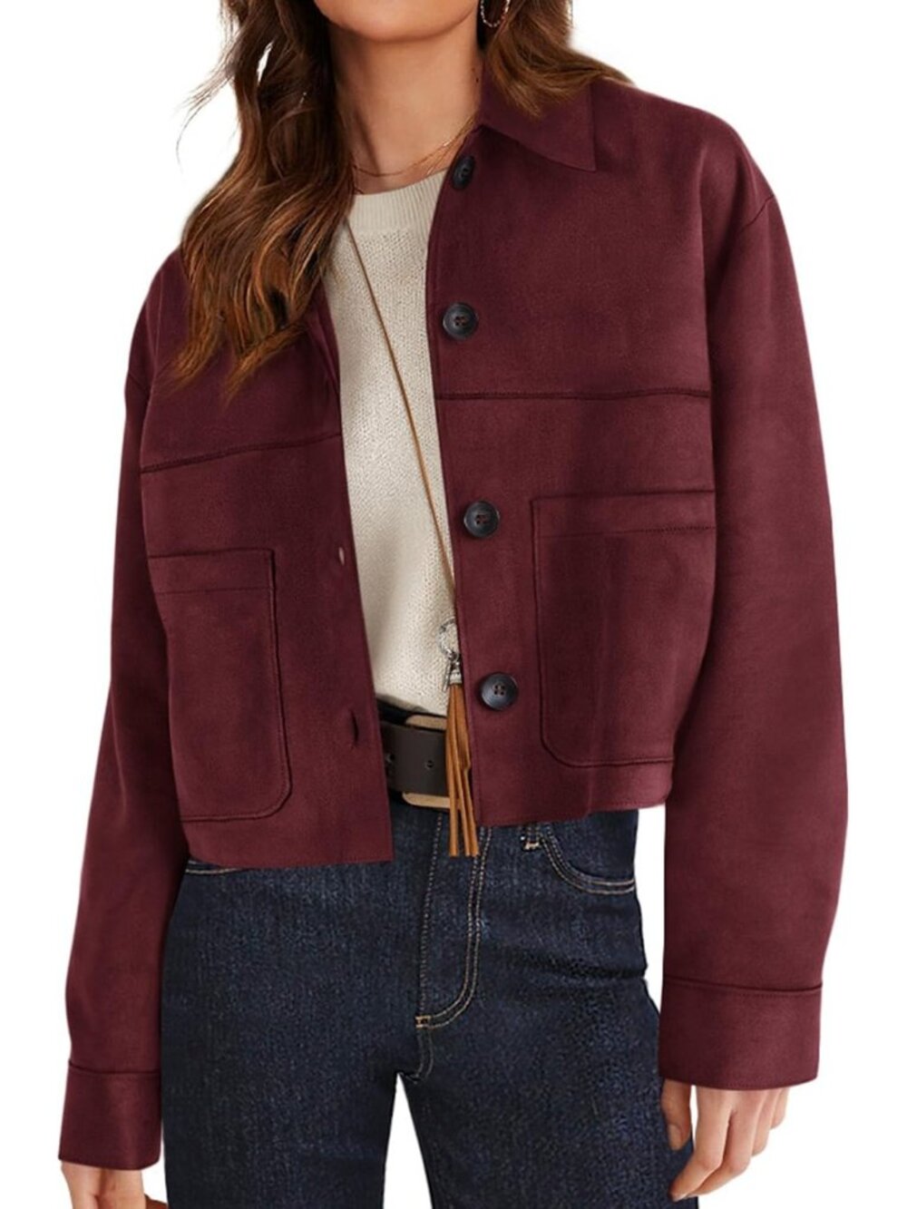 Women's Burgundy Lightweight Cropped Faux Suede Button Down Shacket Jackets